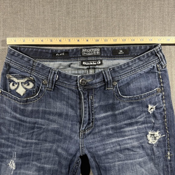 Affliction Black Premium Jeans Mens 36x32 Blue Blake Straight Buckle Distressed - Picture 6 of 9